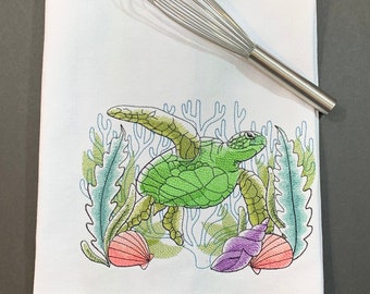 Kitchen Towel - Tropical Sea Turtle Sketch, 28” x 20”, FREE SHIPPING, 100% Cotton Towel, Back Hanging Tab