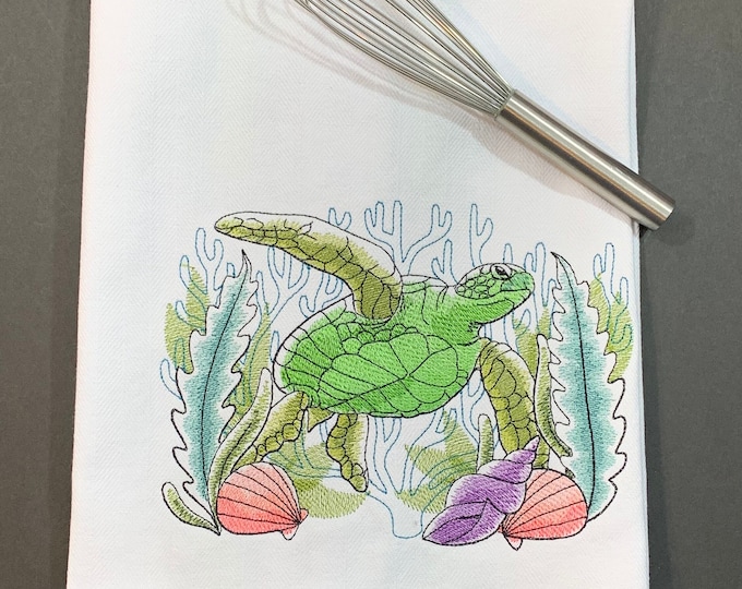 Kitchen Towel - Tropical Sea Turtle Sketch, 28” x 20”, FREE SHIPPING, 100% Cotton Towel, Back Hanging Tab