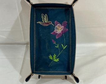 Nature Inspired Hummingbird and Columbine Flower Travel and Home Catchall Tray on Navy Blue Portuguese Cork and Gold Tonal Faux Leather 5x8