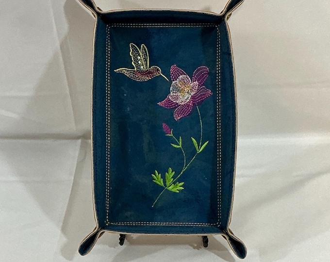 Nature Inspired Hummingbird and Columbine Flower Travel and Home Catchall Tray on Navy Blue Portuguese Cork and Gold Tonal Faux Leather 5x8