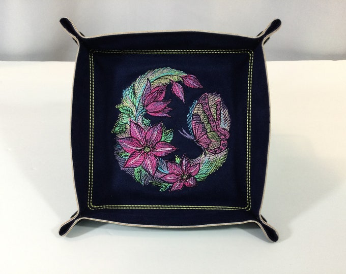 Valet Tray-Clematis Blooms Butterfly Design-Catchall Tray Snapped 6"x6" Sq XLARGE-Navy Faux Suede and Teal Faux Leather-Lays Flat for Travel