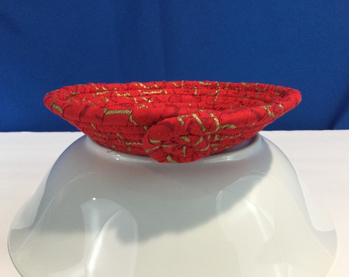 Cotton Rope Bowl-Small Round Red Fabric Wrapped Rope Bowl w/Decorative Front Rope Coil-Cotton Fabric Wrapped Rope Basket-6" W-6" L-1.5" H