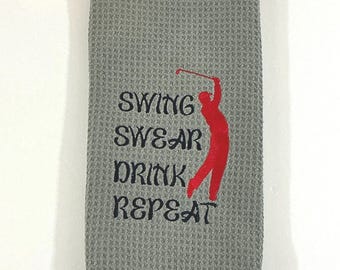 Golf Towel - Swing Swear Drink Repeat | Light Gray Microfiber Waffle Towel 16"x24" for Dad with Carabiner