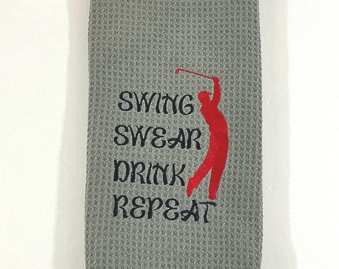 Golf Towel - Swing Swear Drink Repeat | Light Gray Microfiber Waffle Towel 16"x24" for Dad with Carabiner