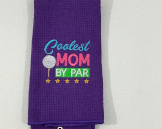 Golf Bag Towel-Coolest Mom By Par Embroidered Towel-Purple-Microfiber-Tri-fold-Gag Gift-Sports Towel-Golf Accessory-Absorbent-Mothers Day