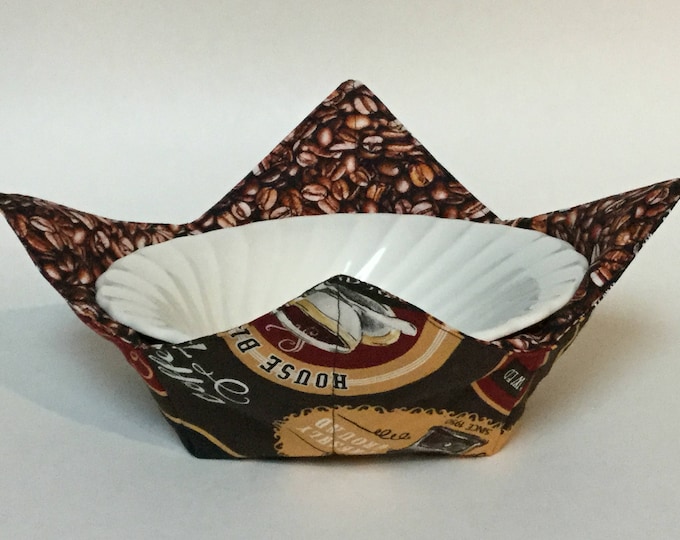 Microwave Bowl Cozy - Coffee Time and Coffee Bean -10" Top-6" Bottom Diameters--Medium, Bowl Hot Pad, Ice Cream Bowl Cozy, Reversible