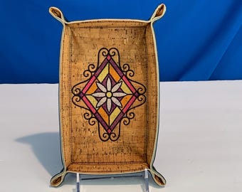 Medium Stained Glass Daisy Valet Tray - Yellow Floral Organizer - 5x8 Snapped - Yellow Portuguese Cork &  Black Faux Leather - Catchall Tray