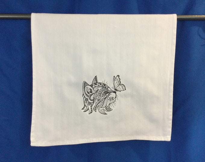 Kitchen Towel - Cat- Whimsical Kitten & Butterfly Embroidered Towel, Henna Style Drawing-Cat Lover-Cat Person-Whimsical Embroidery-28” x 20”