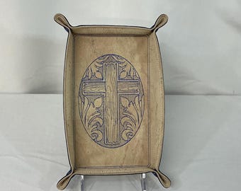 Religious Embroidered Trapunto Bloom Design - Desert Cross 5x8 Catchall Tray & Dice Organizer