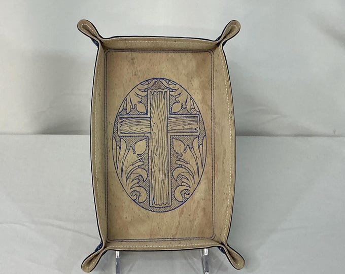Religious Embroidered Trapunto Bloom Design - Desert Cross 5x8 Catchall Tray & Dice Organizer