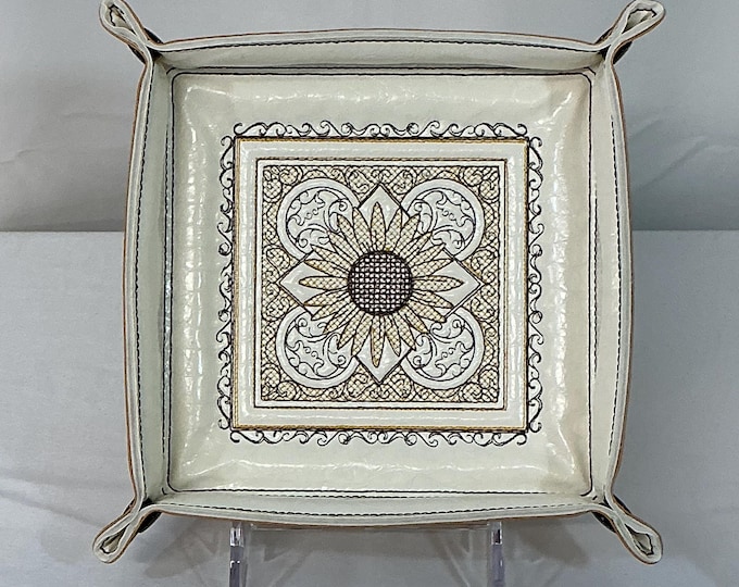 Embroidered Sunflower Trapunto Tray | Square Jewelry & Travel Organizer | Catchall for Birthdays and Anniversaries | Dice Tray
