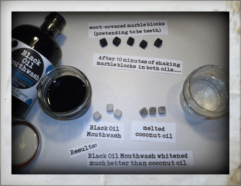 May include: A side-by-side comparison of black oil mouthwash and melted coconut oil, both tested on small white marble blocks. The black oil mouthwash whitened the marble blocks much better than the coconut oil. The image includes the text "Black Oil Mouthwash" and "melted coconut oil".