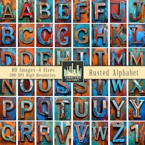 May include: A collage of metal alphabet letters with a rusted, distressed appearance. The letters are in various colors, including red, blue, and orange, set against a textured background. The image includes the text "Rusted Alphabet".