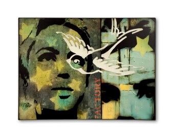 Edie's Sparrow Graffiti Art: Mixed Media Collage on Canvas