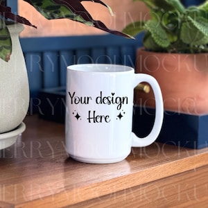 White Ceramic Mug Mock Up 15oz Print On Demand Fall White Mug Mockup Photo Drink-ware Mockup Trendy Mockup Mug Mockup with Plants POD PNG