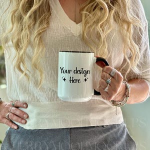 Ceramic Mug Mockup 15 oz Model Mug Mockup White Coffee Mug with Black Handle Digital PNG POD Stock-photo Print On Demand Lifestyle Mockup