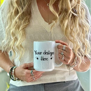 White Ceramic Mug Mock Up 15oz Print On Demand Fall White Mug Mockup Photo Drink-ware Mockup Trendy Mockup Mug Mockup with Model POD PNG