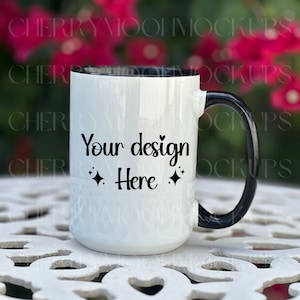 Ceramic Mug Mockup 15 oz Minimalist Mug Mockup White Coffee Mug with Black Handle Digital PNG POD Stock-photo Print On Demand Mockup