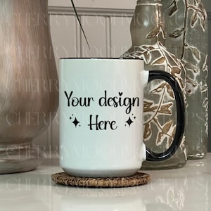 Ceramic Mug Mockup 15 oz Model Mug Mockup White Coffee Mug with Black Handle Digital PNG POD Stock-photo Print On Demand Mock-up