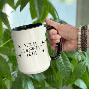 Ceramic Mug Mockup 15 oz Model Mug Mockup White Coffee Mug with Black Handle Digital PNG POD Stock-photo Print On Demand Lifestyle Mockup