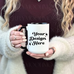 White Mug Mockup 15 oz Ceramic Mug Black Handle Mockup White Coffee Mug Cozy Styled Stock Photo Winter Mug Mockup Fall Mug Digital PNG