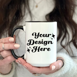 White Mug Mockup 15 oz Ceramic Mug Black Handle Mockup White Coffee Mug Cozy Styled Stock Photo Winter Mug Mockup Fall Mug Digital PNG