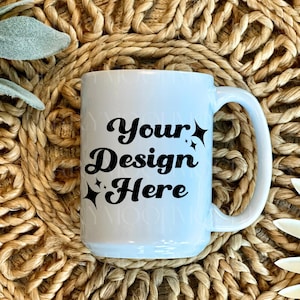 15oz White Ceramic Mug Mockup Print On Demand Fall White Mug Mockup Photo 15oz Mug Ceramic Drinkware Mockup Trendy Boho Mockup