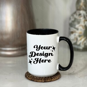 White Mug Mockup 15 oz Ceramic Mug Black Handle Mockup White Coffee Mug Cozy Styled Stock Photo Winter Mug Mockup Fall Mug Digital PNG