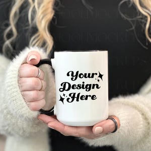 White Mug Mockup 15 oz Ceramic Mug Black Handle Mockup White Coffee Mug Cozy Styled Stock Photo Winter Mug Mockup Fall Mug Digital PNG