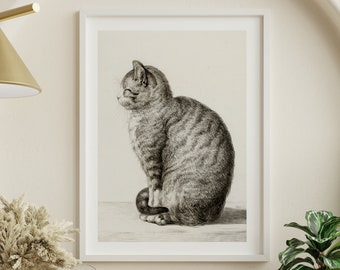 Sitting Cat Wall Art Drawing by Jean Bernard (1815) Vintage