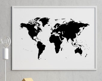 PRINTABLE // Black And White World Map Wall Art, Black And White Prints, Minimalist World Map Print, Modern Wall Art, Modern Home Decor