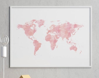 PRINTABLE // Pink World Map Download, Nursery Decor, Baby Girl Nursery, World Map Wall Art, Pink Wall Art, World Map Poster