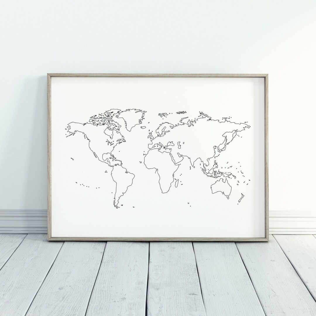 Black and White Outline World Map Wall Art - Etsy