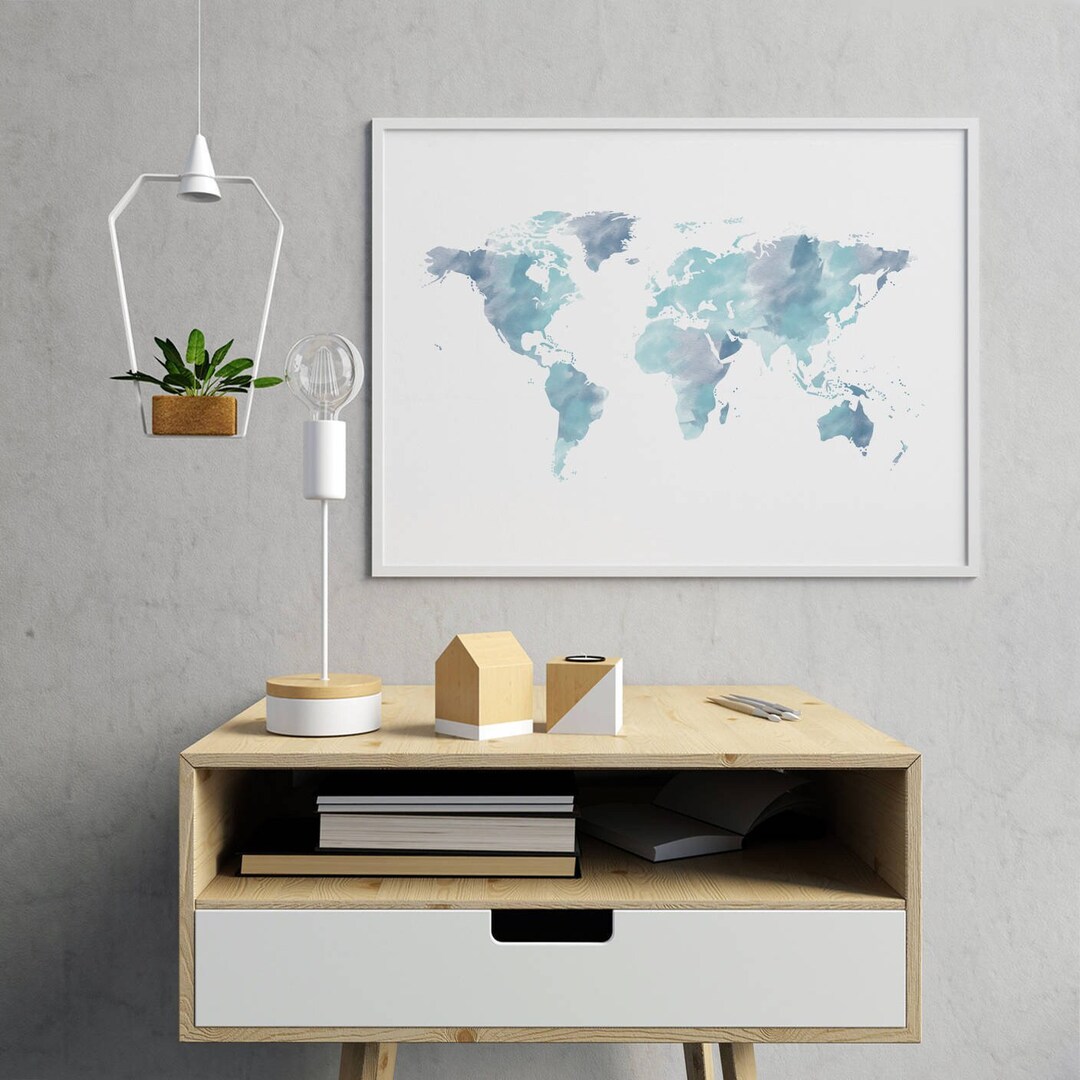 PRINTABLE // Watercolor World Map Poster, Blue World Map Wall Art ...