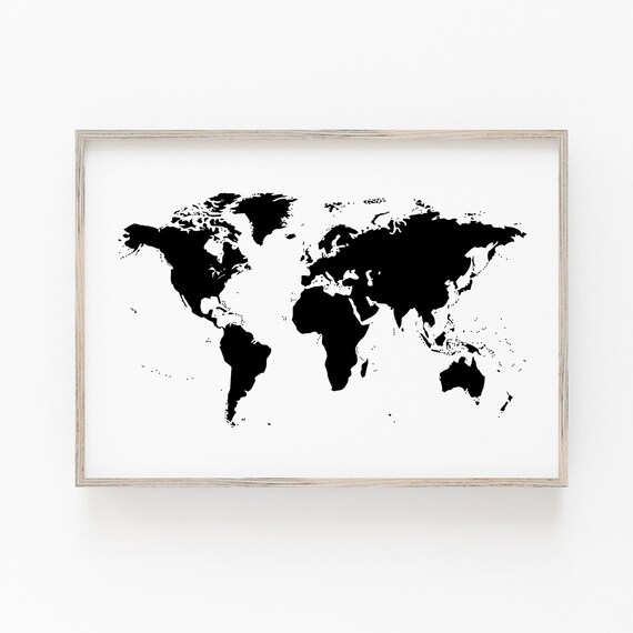 printable black and white world map wall art black and etsy singapore