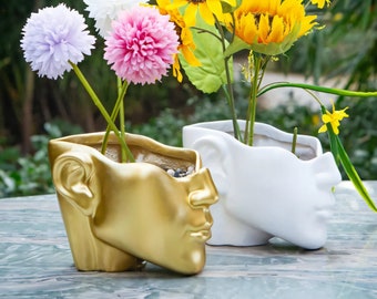Jardinière de tête forme féminine Statue de tête moderne Pot de tête jardinage d'intérieur Art modèle Figurine abstraite tête de jardinière en or