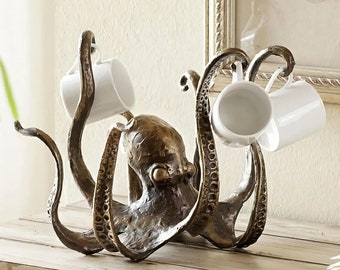 Soporte para tazas con forma de pulpo, decoración moderna, soporte de resina, joyero con forma de pulpo, diseño oceánico para el hogar, modelo abstracto de resina bronce.