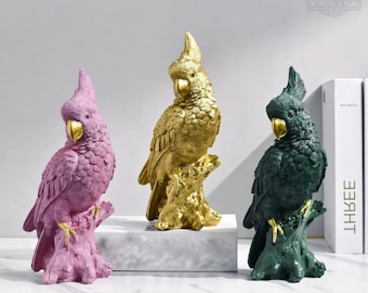 オウムの鳥の置物 ブラックゴールドアラバスター彫刻 エキゾチックな