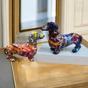 Estatua de perro Figura de perro salchicha Diseño moderno - Estatua de perro graffiti Modelo de decoración del hogar - Accesorio de escritorio para sala de estar