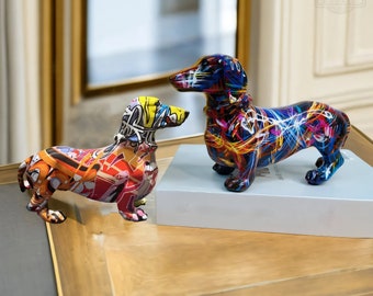 Graffiti Créatif En Résine Colorée, Statue Chien Teckel, Créatif Peint Coloré Teckel Chien Décoration, Graffiti Figurine Animaux En Résine, Figurines