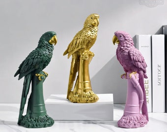 Colourful Parrot Figurine Bird Modern Model Parrot Sculpture Lovebird gold statue abstract modern decor perched bird pink