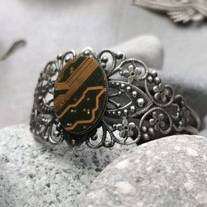CYBER PUNK bracelet- bijou circuit imprimé recyclé-couleur orange -marron- bracelet style ancien métal argenté-pour femmes-geek-futuriste