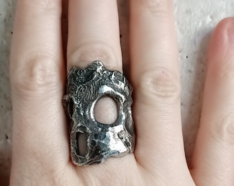 Ring size 7 1/8- moon-lune- textured-satellite-science fiction-chic, vintage, planet-small recycled old spoon-silver-moon woman jewel