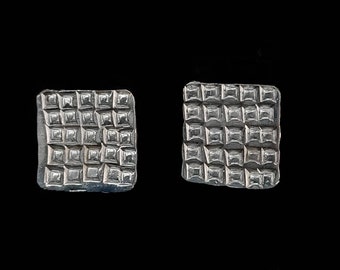 SQUARES earrings - chiseled metal - square pattern - solid silver clasps - woman