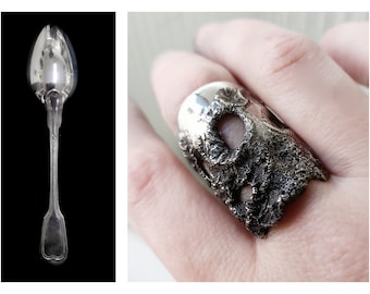 Ring size 7 1/8- moon-lune- textured-satellite-science fiction-chic, vintage, planet-small recycled old spoon-silver-moon woman jewel