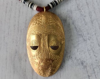 AFRICAN mask necklace- boho, ethnic, chic-recycled-vintage-engraved and golden soup spoon-Ghana plastic beads-black and white