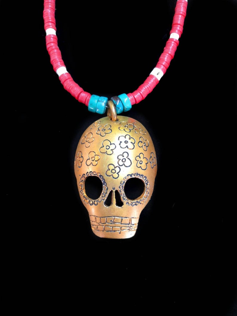 SKULL necklace-vintage spoon-engraved flowers-gilded-flowers pattern