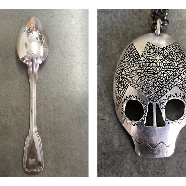 Pendentif CRÂNE- tête de mort- gothique-petite cuillère vintage recyclée-métal gravé et argenté-motif géométrique-pour femme et homme