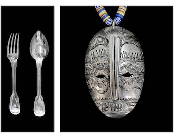 African mask necklace-boho look, ethnic-upcycled -soup spoon and fork tines-engraved-silver-pearls from Ghana -blue, yellow
