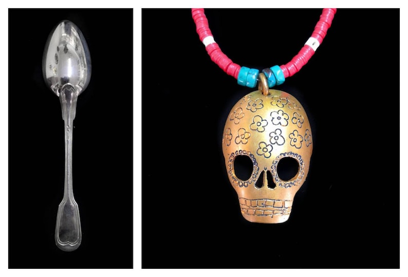 SKULL necklace-vintage spoon-engraved flowers-gilded-flowers pattern